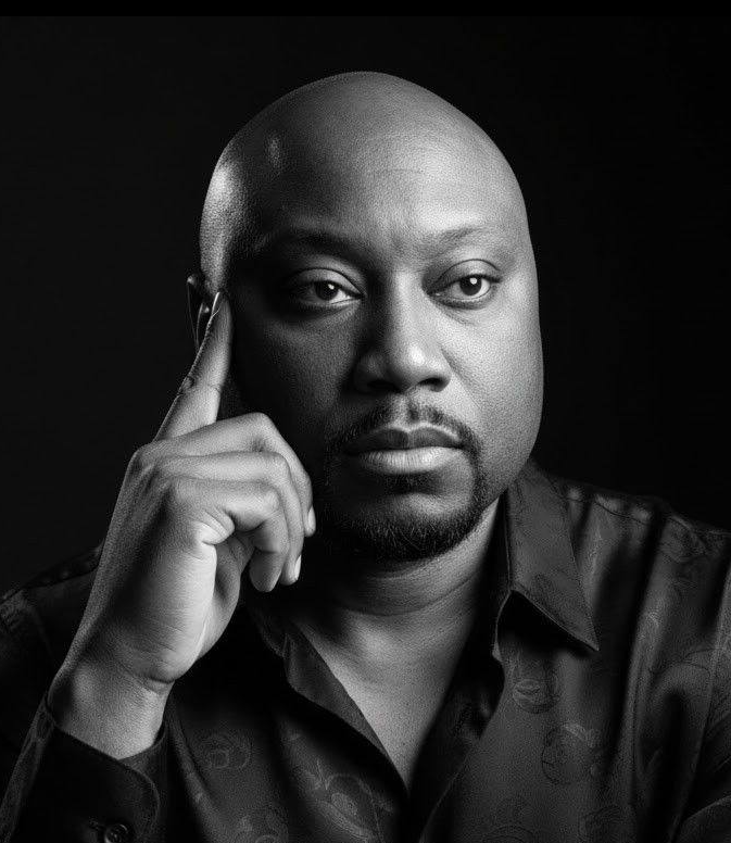 Black-and-white headshot of a man with a thoughtful expression, hand resting near his temple.